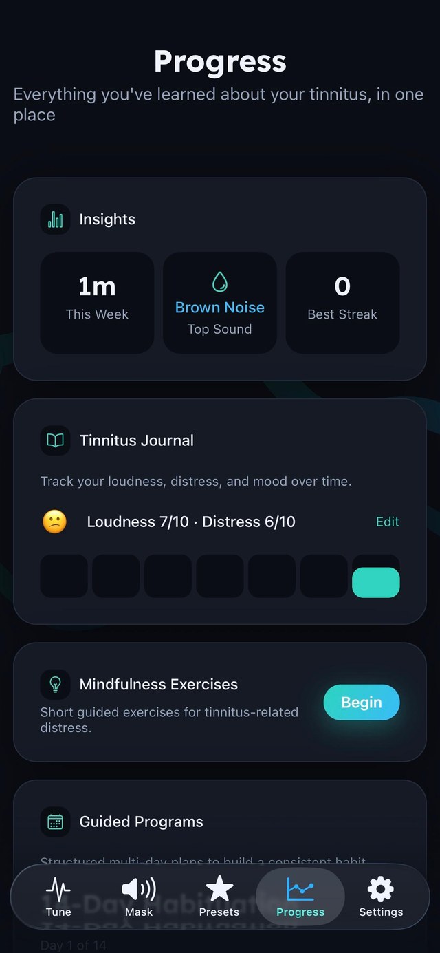 Tinnitune progress screen showing insights and journal